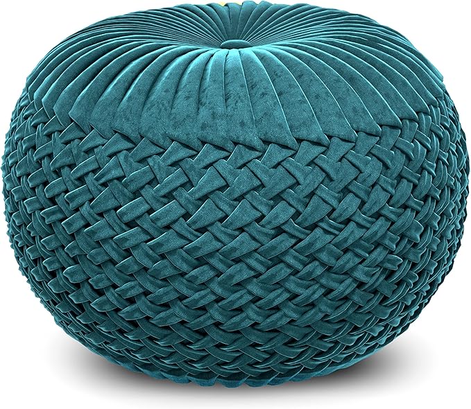 SIMPLIHOME Grafton Transitional Round Pouf in Teal Velvet Fabric for the Living Room, Bedroom and Kids Room