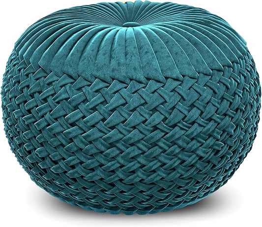 SIMPLIHOME Grafton Transitional Round Pouf in Teal Velvet Fabric for the Living Room, Bedroom and Kids Room
