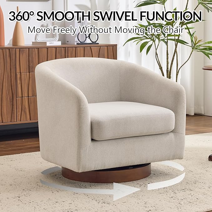 AEDI Swivel Accent Chair with Solid Wood Base, Upholstered Barrel Armchair for Living Room, Modern Small Club Chair,Beige