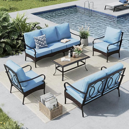 MFSTUDIO 5 PCS Outdoor Patio Furniture Set, Metal Outdoor Conversation Set, Rattan Wicker Patio Sectional Sofa Set with 2 x Fixed Single Sofa, 2-Seat and 3-Seat Sofa, 1 x Coffee Table, Blue