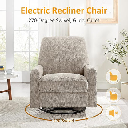 VANOMi Power Swivel Glider Recliner Chair, Electric Nursery Rocker Recliner Chair, USB & Type-C Charger, Warm Camel Boucle