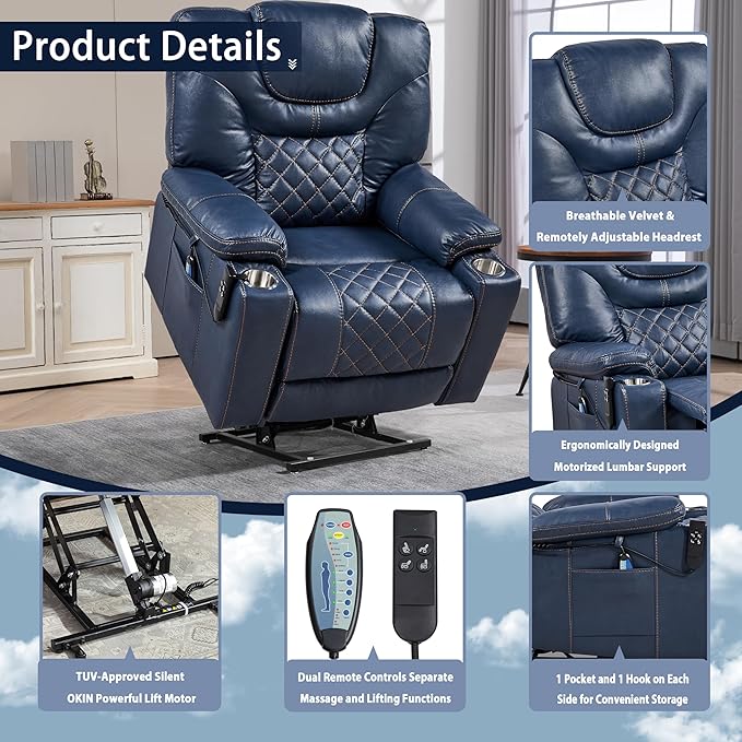 Lift Chair for Elderly: 9988 High Density Foam Lay Flat Heat and Massage, Reclining to 180, 2 Pockets Cup Holders, 2 Remote Controls, Dual OKIN Motors - Breathable Leather Navy Blue