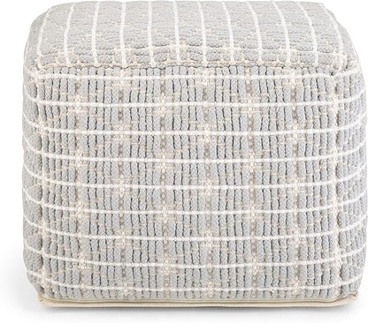 SIMPLIHOME Noreen Boho Square Pouf in Light Blue, White Handloom Woven Pattern for the Living Room, Bedroom and Kids Room