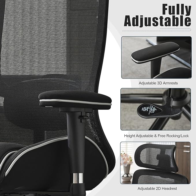 Okeysen High Back Ergonomic Mesh Office Chair, Reclining Computer Desk Chair with 400 LBS Capacity, 4.33'' Thick Cushion Seat, Adjustable 3D Armrests & Headrest for Home Office