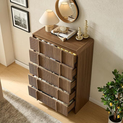 AMERLIFE Fluted 5 Drawer Dresser, 48" Tall Modern Chest of Drawers with Pine Handles, Rounded Corners & Anti-Tip, Wood Drawer Organizer for Cloth, Bedroom, Living Room, Hallway, Dark Walnut