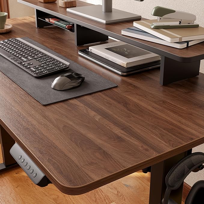 FEZIBO One-Piece Standing Desk Adjustable Height Stand up Home Office Desk, 60x24 Inch Electric Standing Computer Desk, with 4 Memory Presets, Headphone Hook, Fixable casters, Black Walnut
