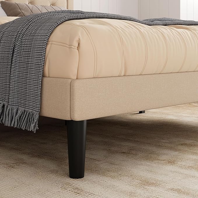 Allewie Queen Size Button Tufted/Fabric Upholstered Bed Frame with Adjustable Headboard/Wood Slat Support/Mattress Foundation/Beige