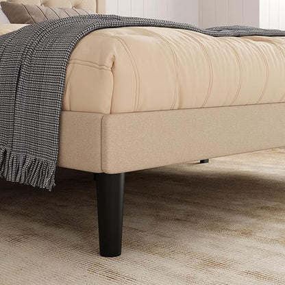 Allewie Queen Size Button Tufted/Fabric Upholstered Bed Frame with Adjustable Headboard/Wood Slat Support/Mattress Foundation/Beige