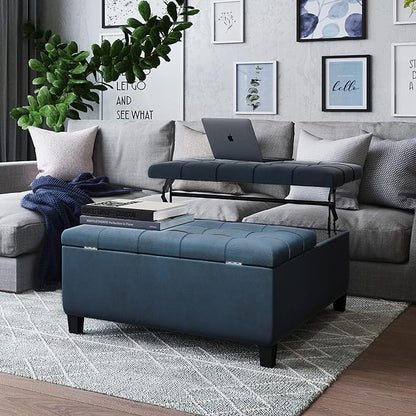 SIMPLIHOME Harrison 36 inch Wide Traditional Square Coffee Table Storage Ottoman in Distressed Dark Blue Vegan Faux Leather, Assembled, For the Living Room and Bedroom