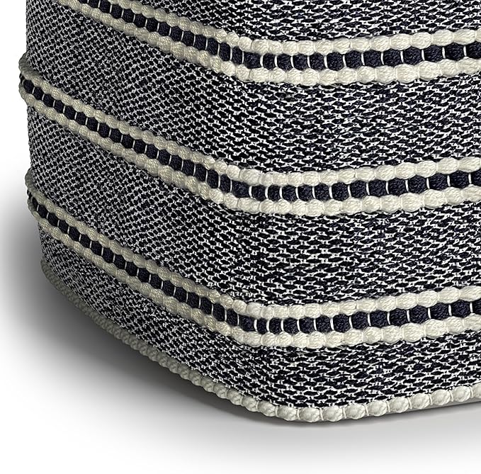 SIMPLIHOME Corrie Boho Square Woven Outdoor/ Indoor Pouf in Navy and White Recycled PET Polyester for the Living Room, Bedroom and Kids Room