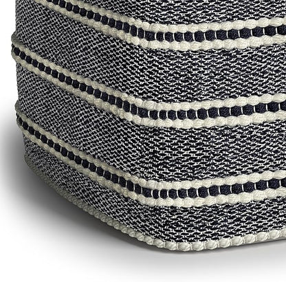 SIMPLIHOME Corrie Boho Square Woven Outdoor/ Indoor Pouf in Navy and White Recycled PET Polyester for the Living Room, Bedroom and Kids Room