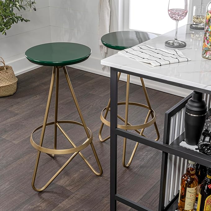 JONATHAN Y BSL1000B Spiroa 30" Modern Industrial Metal Backless Circular Bar Stool for Home, Kitchen, Dining Room, Workspaces, Cafes and Resturants, Green Seat with Gold Frame