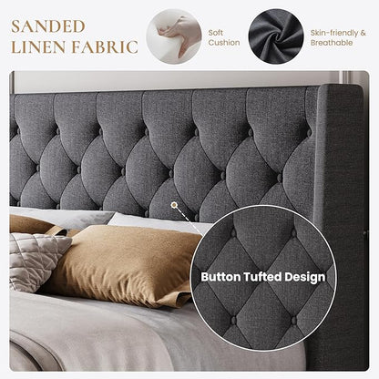 SHA CERLIN Full Size Upholstered Platform Bed Frame with Wingback Headboard, Tufted Linen Fabric, Wooden Slats Support, Easy Assembly, No Box Spring Needed, Dark Grey