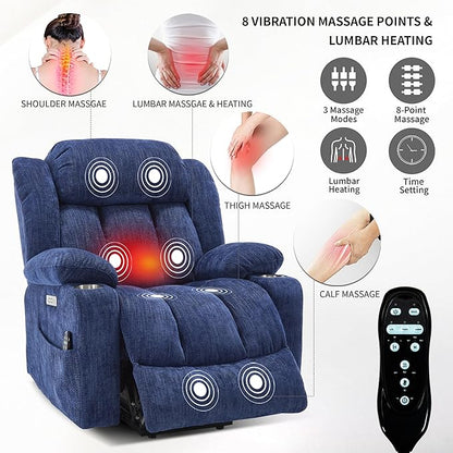 Power Lift Chair for Elderly, Electric Recliner Chair with 8-Point Vibration Massage and Lumbar Heating with Charging Ports, Cup Holders, Standing Assistance Reclining - Bright Blue