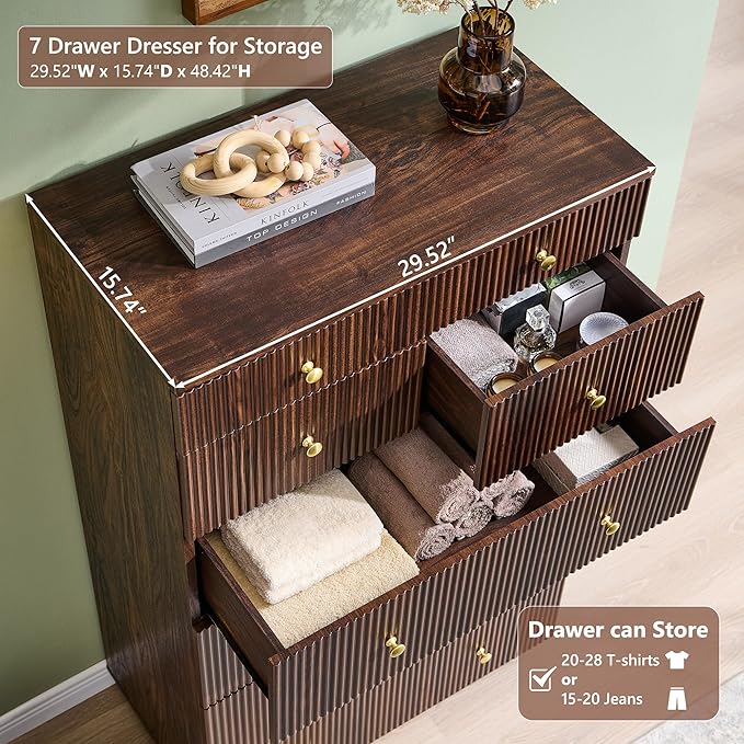 Fluted Dresser for Bedroom, 48" H 7 Drawer Dressers, Wood Tall Dresser Storage Organizer, Modern Bedroom Chest with Deep Storage for Closet Hallway, Entryway, Living Room, Brown