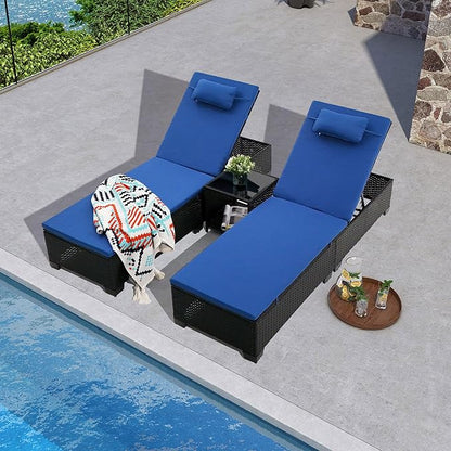 3 PCS Patio Chaise Lounge with Coffee Table Cushion&Pillow Outdoor Lounge Chair Chaise Lounger Patio Reclining Chair 5 Angle Adjustment Black PE Rattan for Courtyards Poolside (Navy)