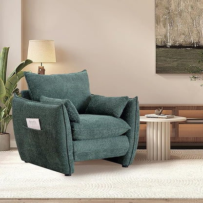 Chenille Oversized Accent Chairs Set of 2, Modern Oversized Armchair with Removable Pillow, Comfy Living Room Chair with Side Pocket Storage for Bedroom, Office, Green