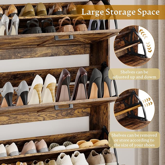 Shoe Cabinet Storage for Entryway, Shoe Storage Cabinet with 3 Flip Drawers, Freestanding Narrow Shoe Rack Organizer with Metal Legs & Side Hook for Foyer, Hallway, Brown