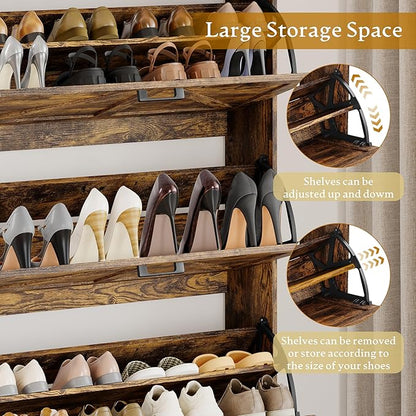 Shoe Cabinet Storage for Entryway, Shoe Storage Cabinet with 3 Flip Drawers, Freestanding Narrow Shoe Rack Organizer with Metal Legs & Side Hook for Foyer, Hallway, Brown