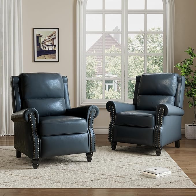 Pushback Recliner Chair, Faux Leather Wingback Recliner Chair, Upholstered Armchair Push Back Recliner with Wood Legs, Rivet Trim Single Sofa Accent Chair for Living Room, Bedroom, Navy
