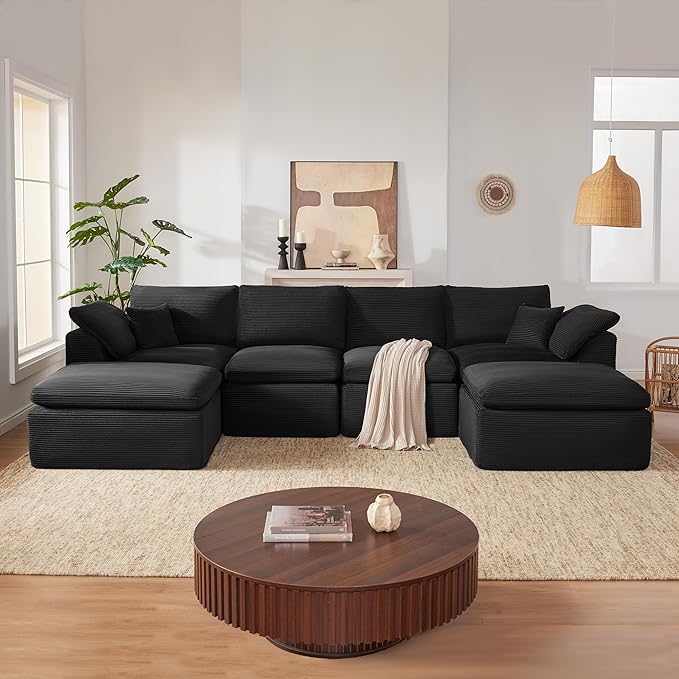 143" Cloud Sectional Couch, Boneless couches for Living Room，U Shaped Couch with Convertible Ottoman, Modular Sectional Sofa with Deep Seat, Comfy Soft Cushions, No Assembly, Black