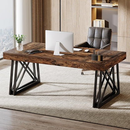 Tribesigns 63-Inch Executive Desk, Farmhouse Office Computer Desk with Sturdy X-Shaped Legs, Large Writing Table Business Furniture Workstation for Home Office, Study (Rustic Brown & Black)