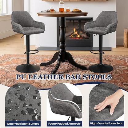 Yaheetech Bar Stools Set of 2, PU Leather Swivel Counter Height Barstools, Adjustable Bar Chairs with Backrest and Footrest, Kitchen Island Stool for Home Kitchen, Grey