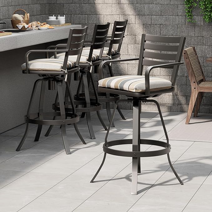 Pellebant Outdoor Bar Stools Set of 4 with Sunbrella Cushion, 29.5" Aluminum Swivel Bar Height Stool Chairs with Back & Footrest, Rust-Proof Patio Bartools for Deck Lawn Garden,Milano Char