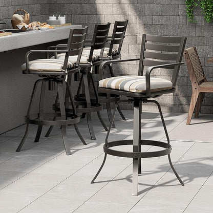 Pellebant Outdoor Bar Stools Set of 4 with Sunbrella Cushion, 29.5" Aluminum Swivel Bar Height Stool Chairs with Back & Footrest, Rust-Proof Patio Bartools for Deck Lawn Garden,Milano Char