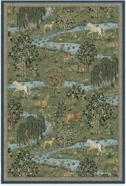 RUGGABLE x Morris & Co Washable Area Rug – Owl & Willow Green 6x9, Stain-Resistant, Non-Slip – Medium Machine Washable Rugs for Living Room, Bedroom, Hallway, Entryway & Office–with Cushioned Pad