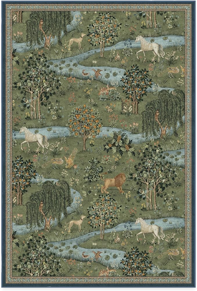RUGGABLE x Morris & Co Washable Area Rug – Owl & Willow Green 6x9, Stain-Resistant, Non-Slip – Medium Machine Washable Rugs for Living Room, Bedroom, Hallway, Entryway & Office–with Standard Pad