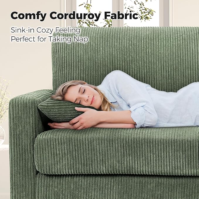 70in Corduroy Couch, Kidirect Sofa No Tool Assembly, Comfy Couches for Living Room 21in Deeper Seats, Corduroy Sofas for Living Room with 2 Pillows, Oversized Loveseat Sofa, Boho Love Seat Green Couch