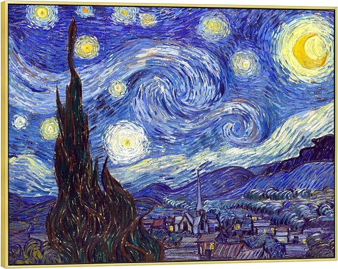 Wieco Art Large Framed Art Giclee Canvas Prints of Starry Night by Vincent Van Gogh Paintings Reproduction Post-Impressionism Artwork for Living Room Home Bedroom Decorations, 40x30inch (Framed)