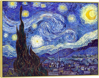Wieco Art Large Framed Art Giclee Canvas Prints of Starry Night by Vincent Van Gogh Paintings Reproduction Post-Impressionism Artwork for Living Room Home Bedroom Decorations, 40x30inch (Framed)