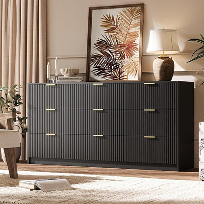 3-Piece Dresser Bedroom Set, 9 Drawer Dresser & 3 Drawer Nightstands with Gold Handles, Fluted Wood Chest of Drawers for Bedroom, Living Room, Entryway, Black