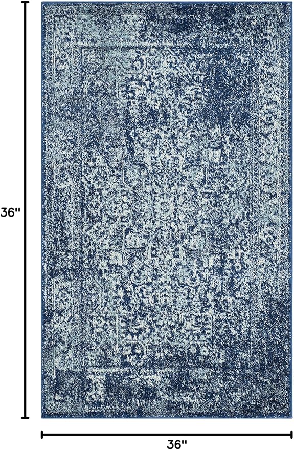 SAFAVIEH Evoke Collection Area Rug - 3' Square, Navy & Ivory, Distressed Design, Non-Shedding & Easy to Clean, Ideal for Foyer, Bedroom, Accent Space (EVK256A)