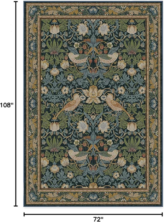 RUGGABLE x Morris & Co Washable Area Rug – Strawberry Thief Indigo 6x9, Stain-Resistant, Non-Slip – Medium Machine Washable Rugs for Living Room, Bedroom, Hallway, Entryway & Office–with Standard Pad