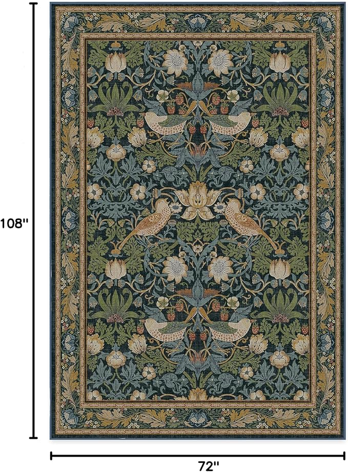 RUGGABLE x Morris & Co Washable Area Rug– Strawberry Thief Indigo 6x9, Stain-Resistant, Non-Slip – Medium Machine Washable Rugs for Living Room, Bedroom, Hallway, Entryway & Office–with Cushioned Pad