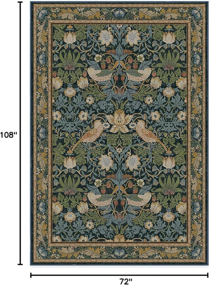 RUGGABLE x Morris & Co Washable Area Rug– Strawberry Thief Indigo 6x9, Stain-Resistant, Non-Slip – Medium Machine Washable Rugs for Living Room, Bedroom, Hallway, Entryway & Office–with Cushioned Pad
