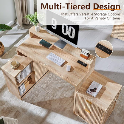 JXQTLINGMU 67" Modern L Shaped Desk with Storage Cabinet & Drawers, Wood Home Office Desk with Power Outlets, Fluted Computer Writing Desk, Natural Oak