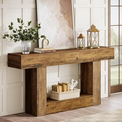 Tribesigns 63-Inch Long Console Table, 2-Tier Entryway Table Sofa Table with Storage, Farmhouse Wood Behind Couch Table for Living Room, Hallway, Rustic Brown