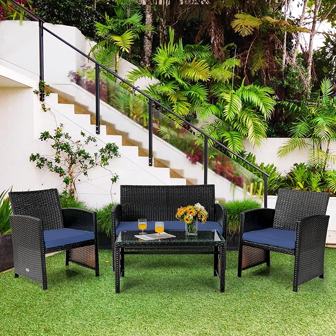 COSTWAY Patio Furniture Set 4 Pieces, Outdoor Wicker Chairs Sofa w/Coffee Table and Soft Cushions, Rattan Conversation Sets for Patio Lawn Backyard Yard Pool Garden, Navy