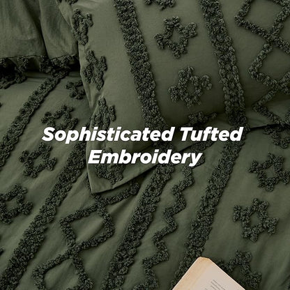 Bedsure Tufted Boho Comforter Set Queen Size - Olive Green Boho Bed Set, GentleSoft™ 3 Pieces Farmhouse Shabby Chic Embroidery Bedding, Gifts for Woman, Soft Jacquard Queen Comforter for All Seasons
