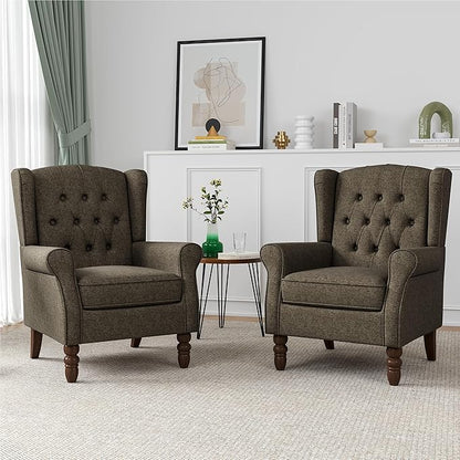 High Back Accent Chairs Set of 2, High Wingback Chair for Living Room, Button-Tufted Upholstered Fabric Armchair with Solid Wood Legs, Comfy Single Sofa Reading Chair for Bedroom, Taupe