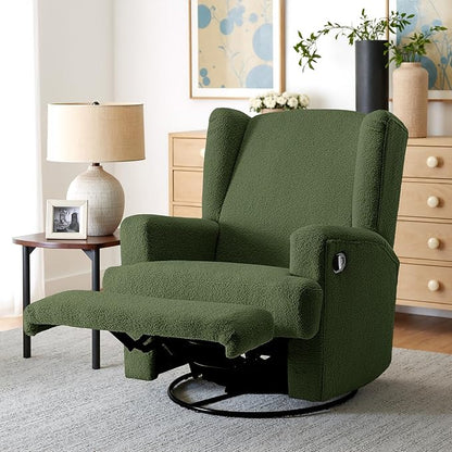 Boucle Swivel Glider Recliner Chairs Set of 2 for Adults - Plush High Back Rockers with Deep Seat, Coordinating Manual Recliners for Living Room, Luxury Upholstered Armchairs-Green