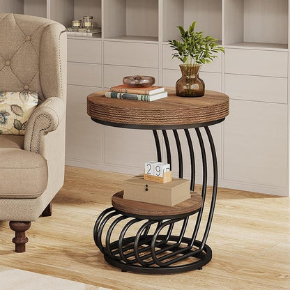 Tribesigns Round End Table, 2-Tier Farmhose Wood Side Table with Shelf Storage, Small Sofa Side Bedside Nightstand, Arc-Shaped Frame Accent Furniture for Living Room, Light Brown