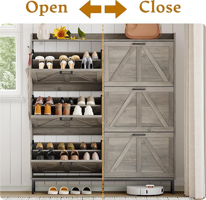 Shoe Cabinet Storage for Entryway, Shoe Storage Cabinet with 6 Flip Drawers, Freestanding Narrow Shoe Rack Organizer with Metal Legs, Adjustable Shelves & Open Storage for Foyer, Hallway, Grey