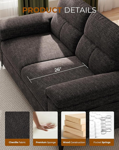 71.25" Modern Sofa Couch for Living Room, Deep Seat Sofas with 8” Cushion, Comfy 2-Seater Chenille Loveseat with Convertible Armrest, Removable Sofa Cover, High Leg (Dark Gray)