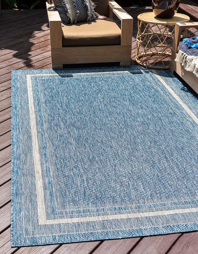 Unique Loom Outdoor Border Collection Area Rug - Soft Border (7' 1" x 10' Rectangle, Blue/ Ivory)
