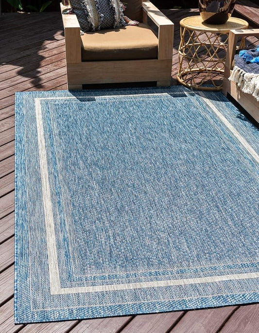 Unique Loom Outdoor Border Collection Area Rug - Soft Border (7' 1" x 10' Rectangle, Blue/ Ivory)